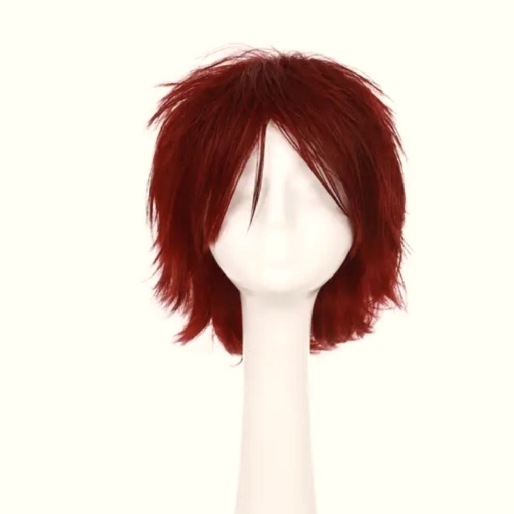 Wig Burgundy 12" straight fluffy spiky unisex anime,cosplay